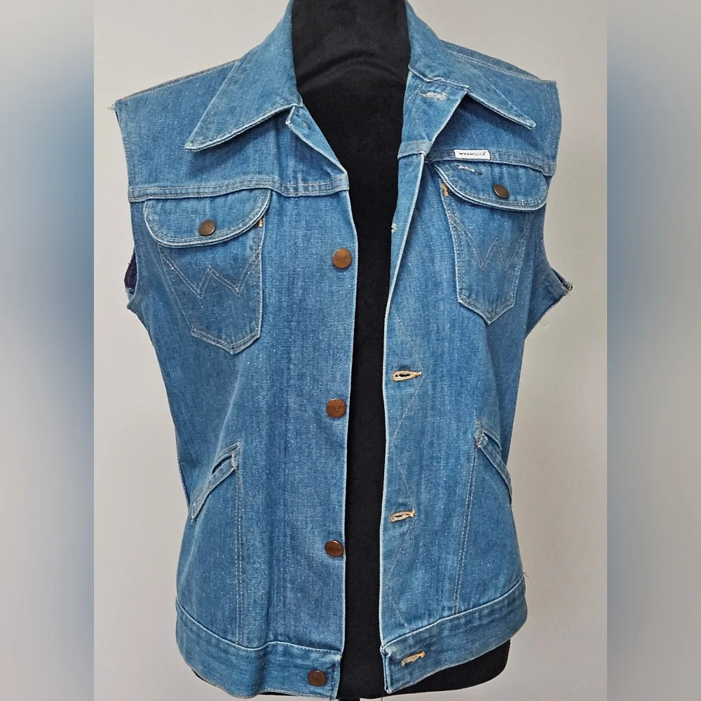 Wrangler Vintage 70s Cut-Off Denim Jacket Vest w/ Harley Davidson Vintage Patch - Picture 2 of 11